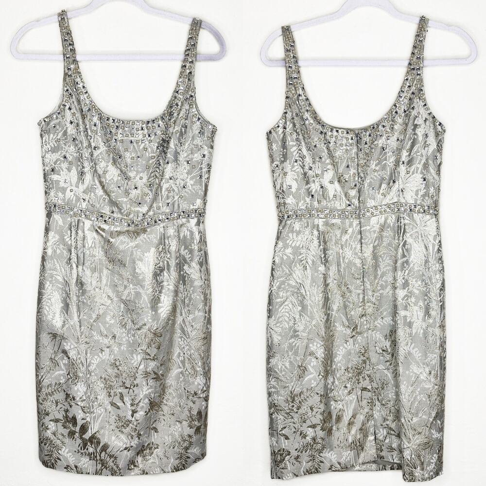 NWOT Carmen Marc Valvo Pearl Rhinestone Beaded Jacquard Cocktail Sheath Dress 8
